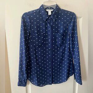 White House Black Market Navy White Polka Dot Button-Up Shirt Size 0 (XS)